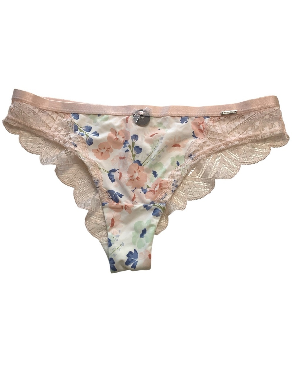 La Vie En Rose Peach Lace Floral Bikini Panty with Blue Accents